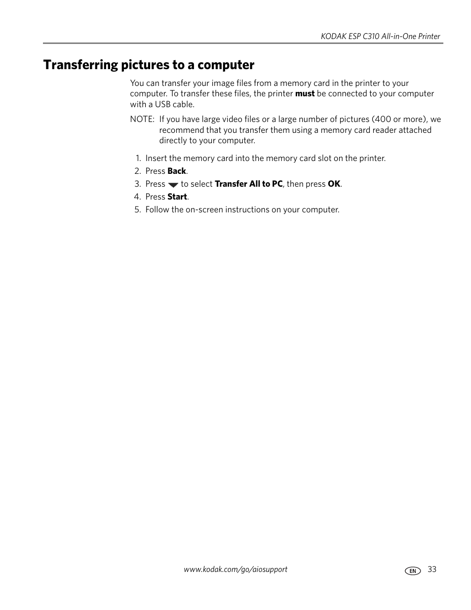 Transferring pictures to a computer | Kodak ESP C310 User Manual | Page 39 / 94