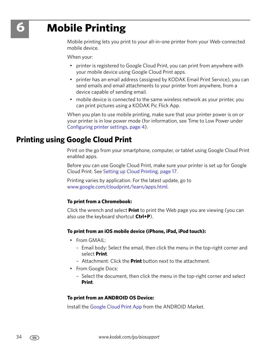 Mobile printing, Printing using google cloud print, 6 mobile printing | Ion about printing, see | Kodak ESP C310 User Manual | Page 40 / 94