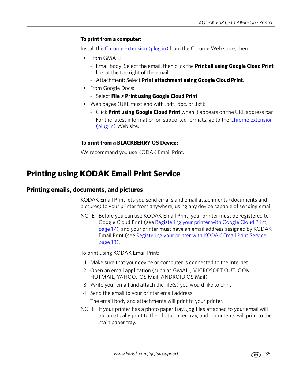 Printing using kodak email print service, Printing emails, documents, and pictures | Kodak ESP C310 User Manual | Page 41 / 94