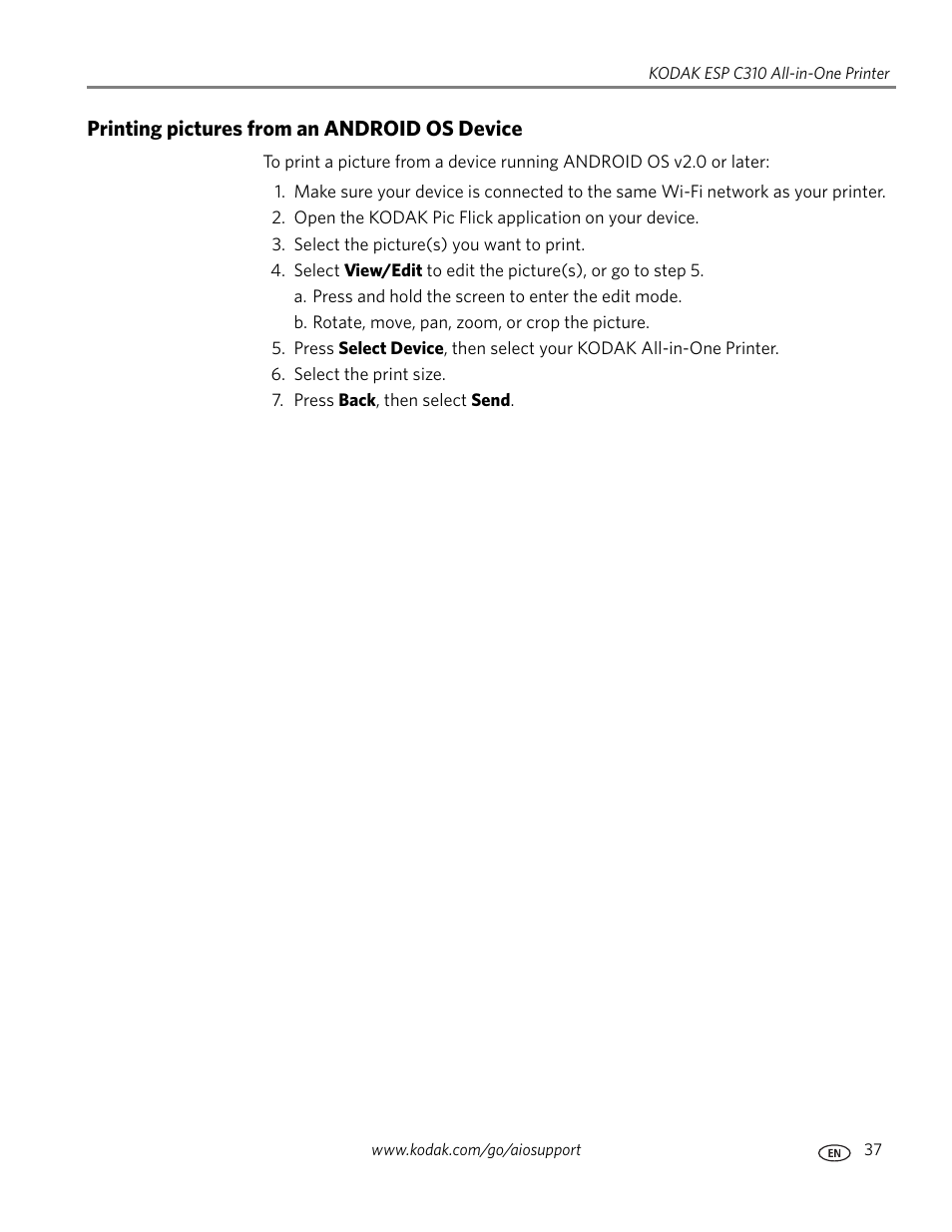 Printing pictures from an android os device | Kodak ESP C310 User Manual | Page 43 / 94