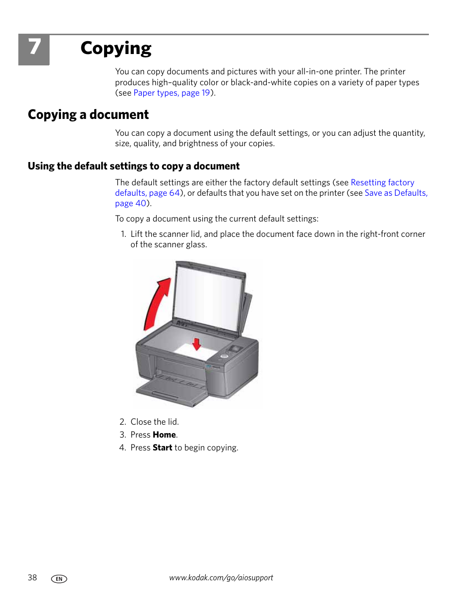 Copying, Copying a document, Using the default settings to copy a document | 7 copying | Kodak ESP C310 User Manual | Page 44 / 94