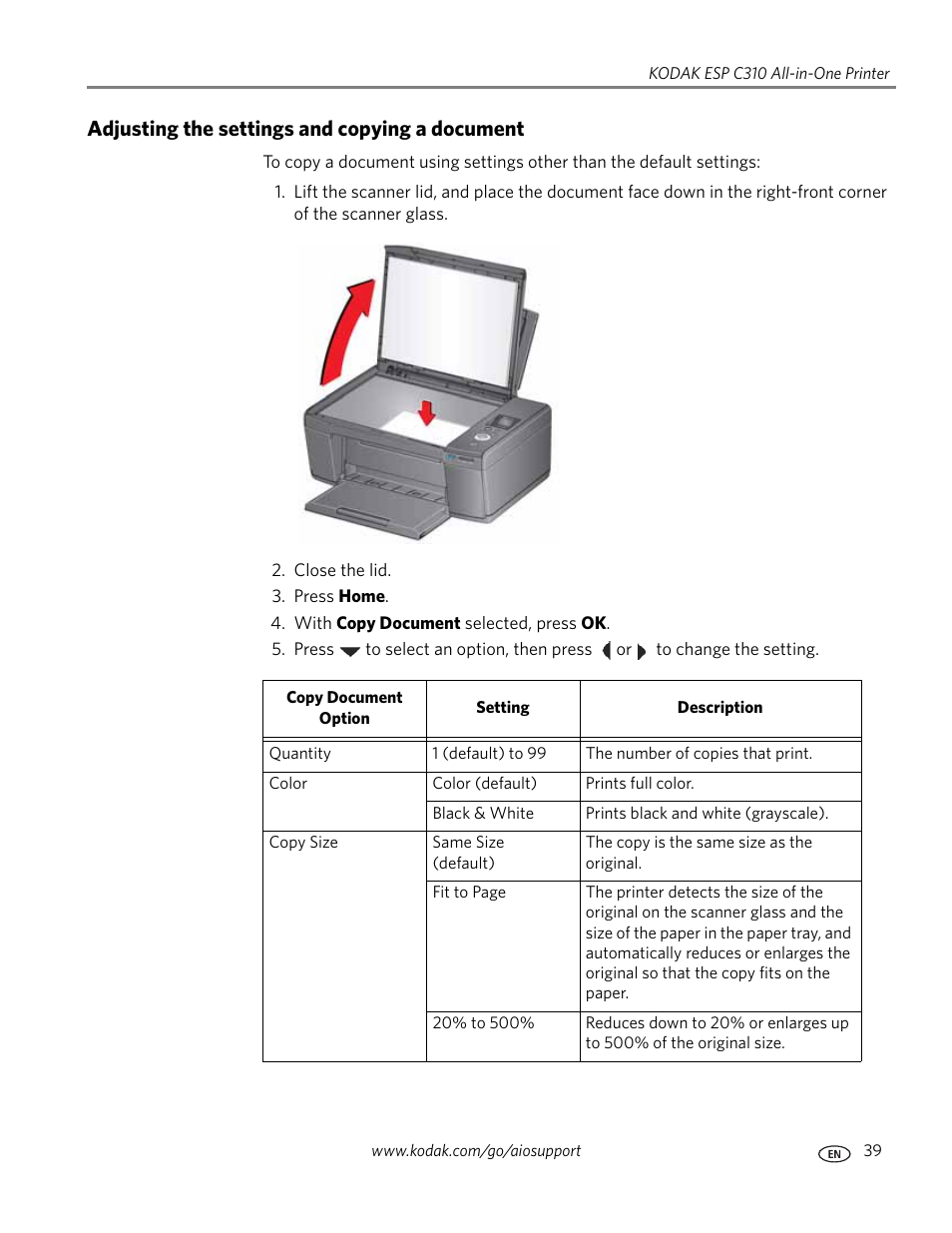 Adjusting the settings and copying a document | Kodak ESP C310 User Manual | Page 45 / 94