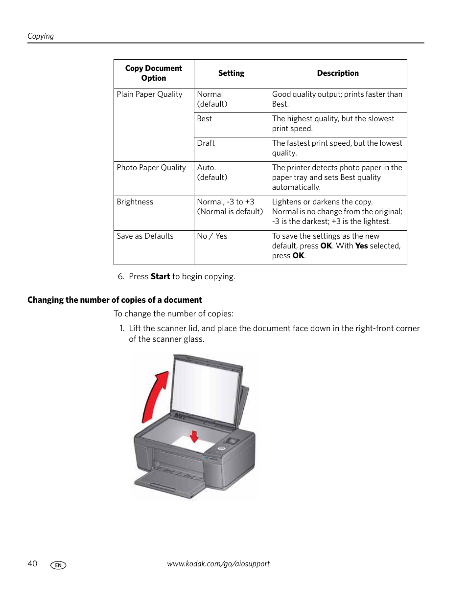 Changing the number of copies of a document, Save as defaults | Kodak ESP C310 User Manual | Page 46 / 94