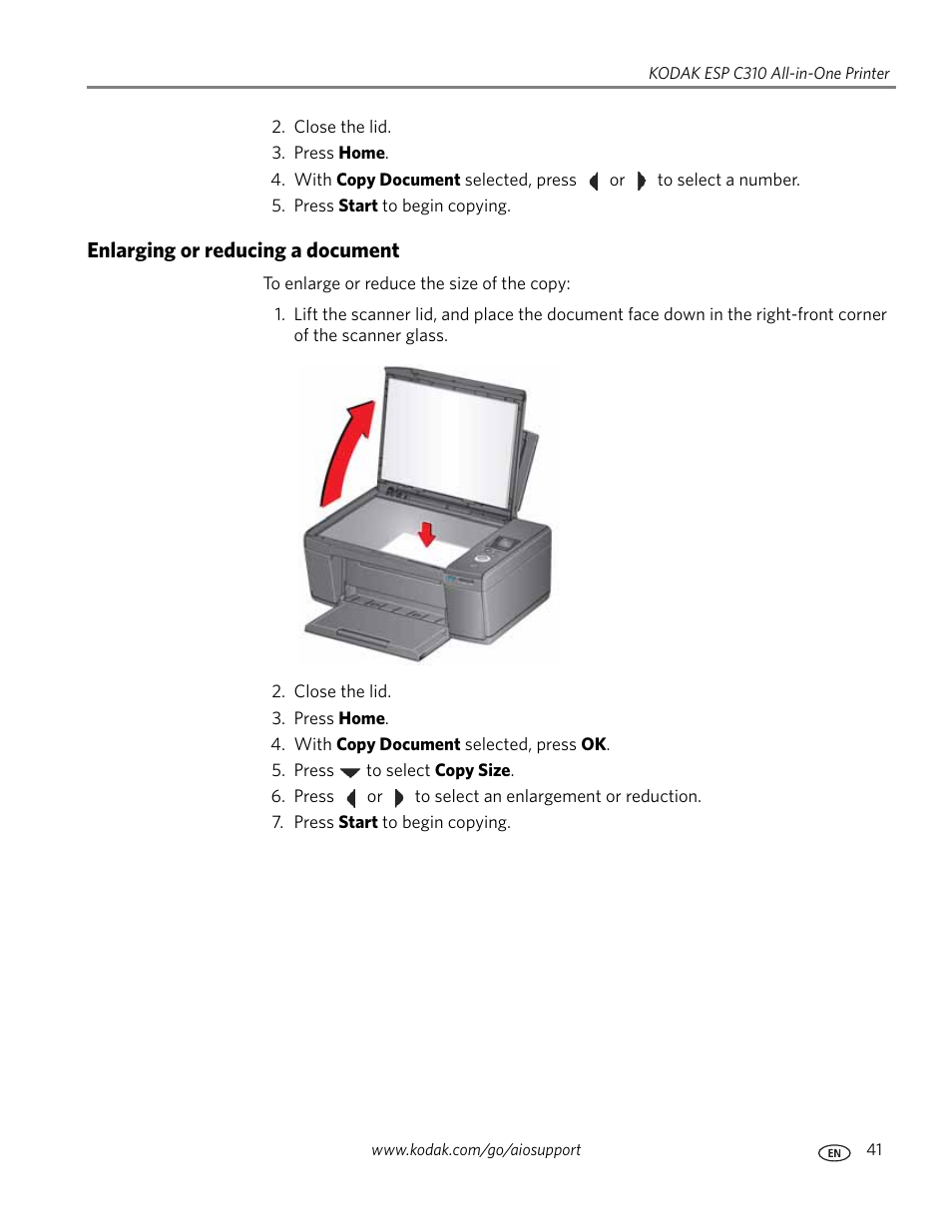 Enlarging or reducing a document | Kodak ESP C310 User Manual | Page 47 / 94