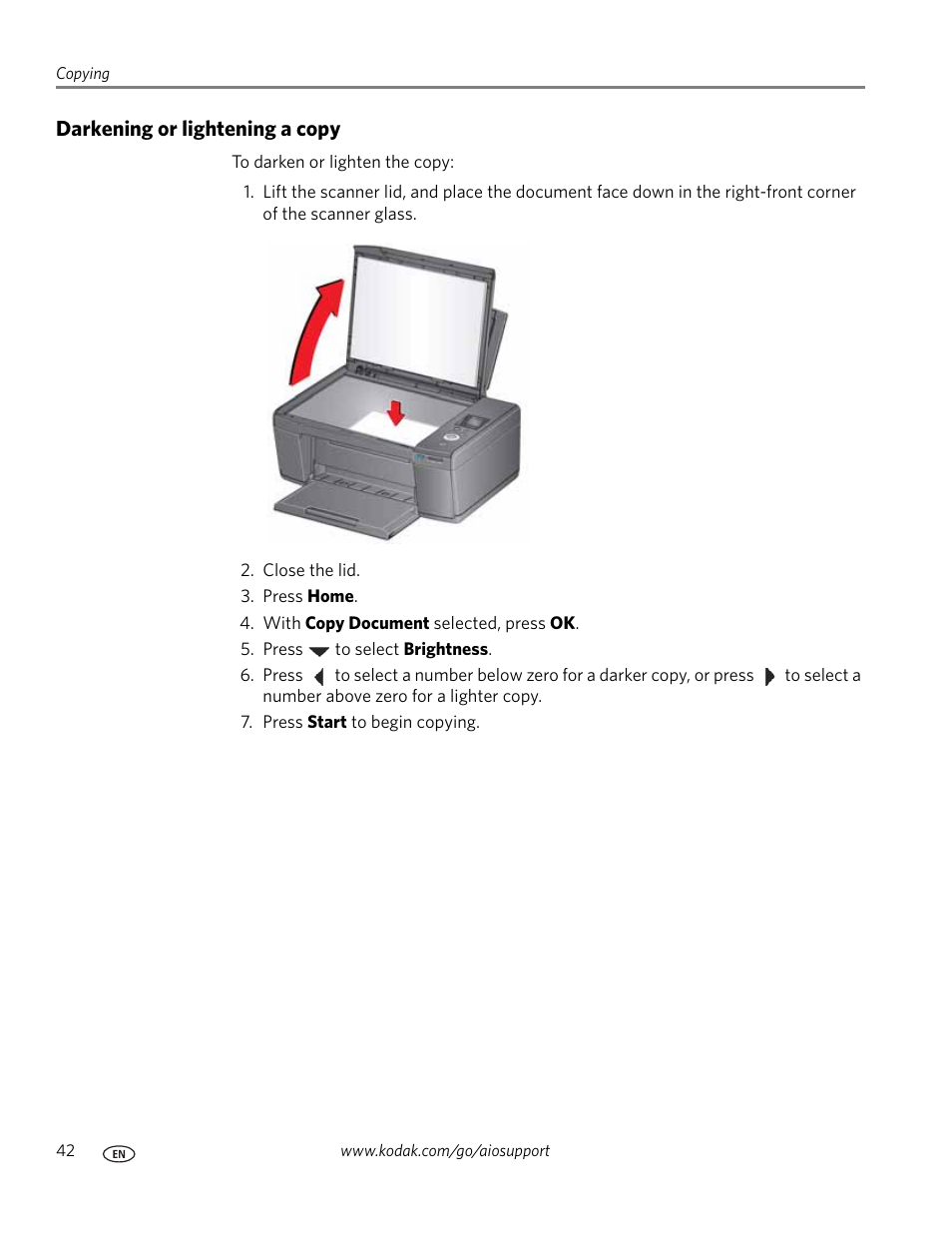 Darkening or lightening a copy | Kodak ESP C310 User Manual | Page 48 / 94