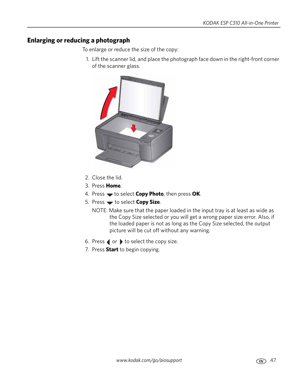 Enlarging or reducing a photograph | Kodak ESP C310 User Manual | Page 53 / 94