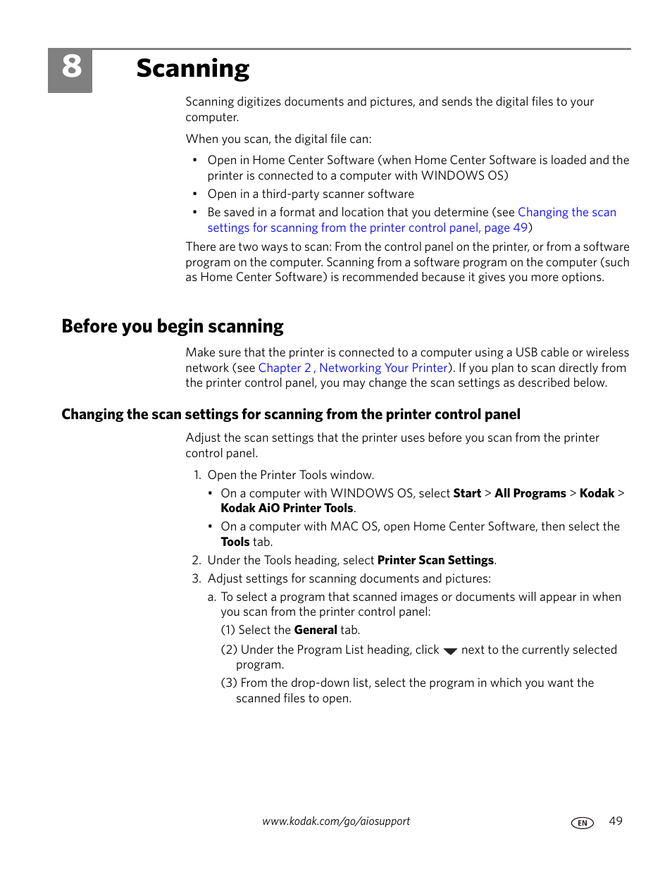 Scanning, Before you begin scanning, 8 scanning | Kodak ESP C310 User Manual | Page 55 / 94