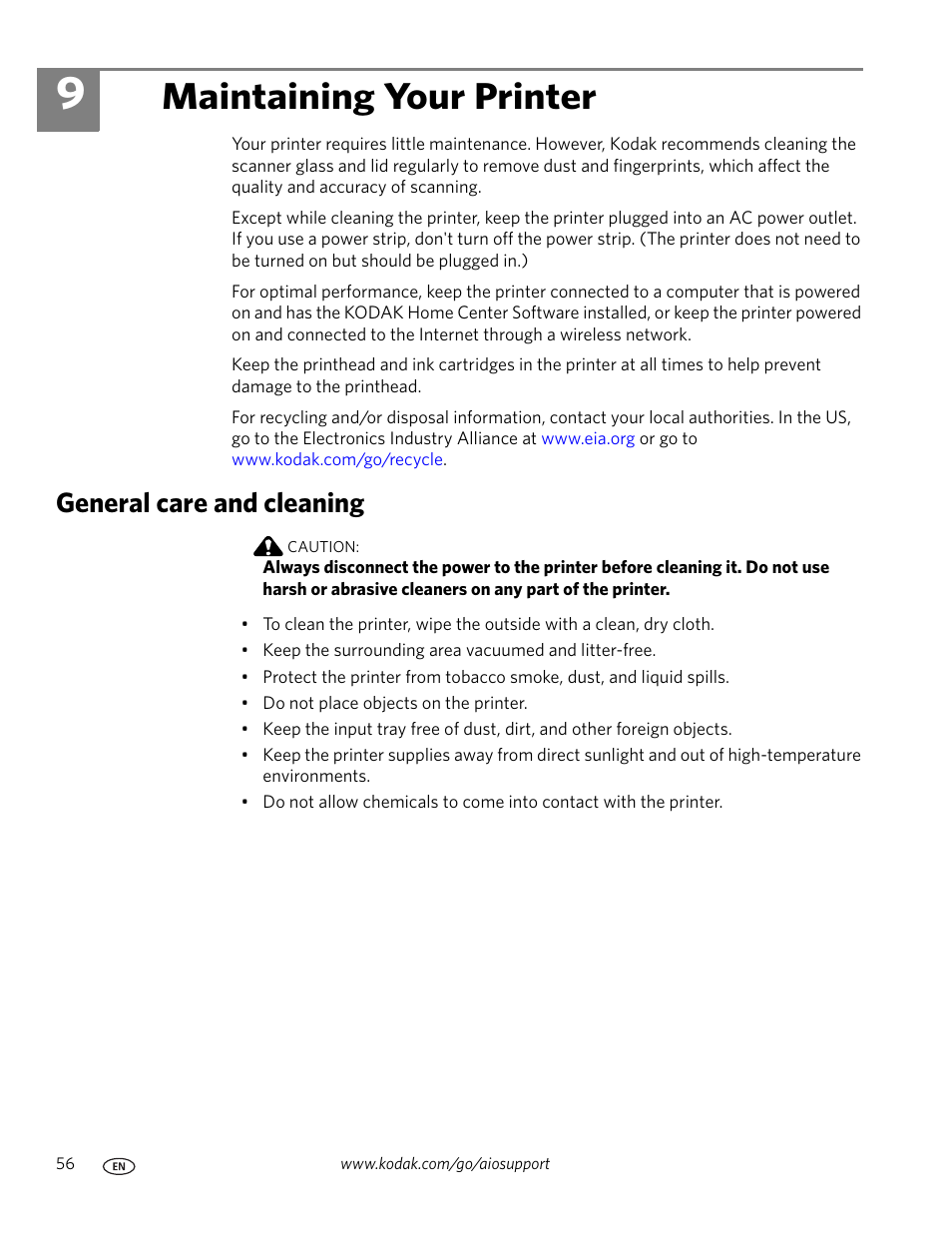 Maintaining your printer, General care and cleaning, 9 maintaining your printer | Kodak ESP C310 User Manual | Page 62 / 94