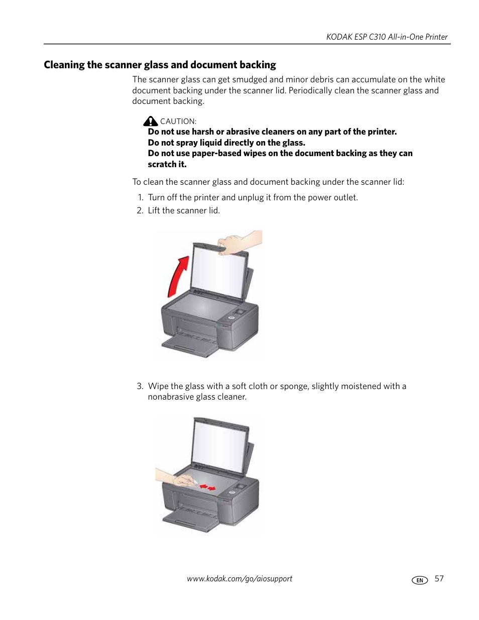 Cleaning the scanner glass and document backing | Kodak ESP C310 User Manual | Page 63 / 94