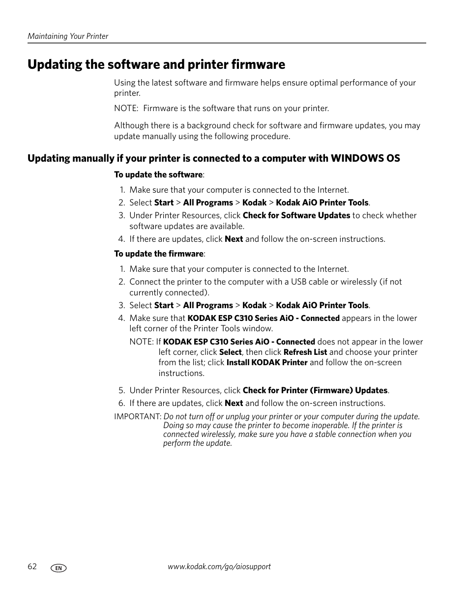 Updating the software and printer firmware | Kodak ESP C310 User Manual | Page 68 / 94