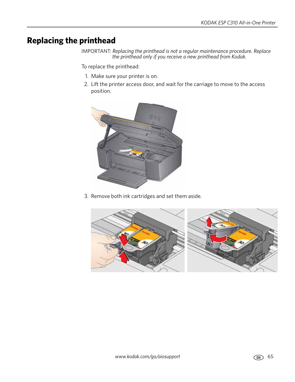 Replacing the printhead | Kodak ESP C310 User Manual | Page 71 / 94