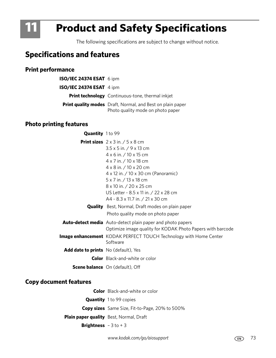 Product and safety specifications, Specifications and features, Print performance | Photo printing features, Copy document features, 11 product and safety specifications | Kodak ESP C310 User Manual | Page 79 / 94