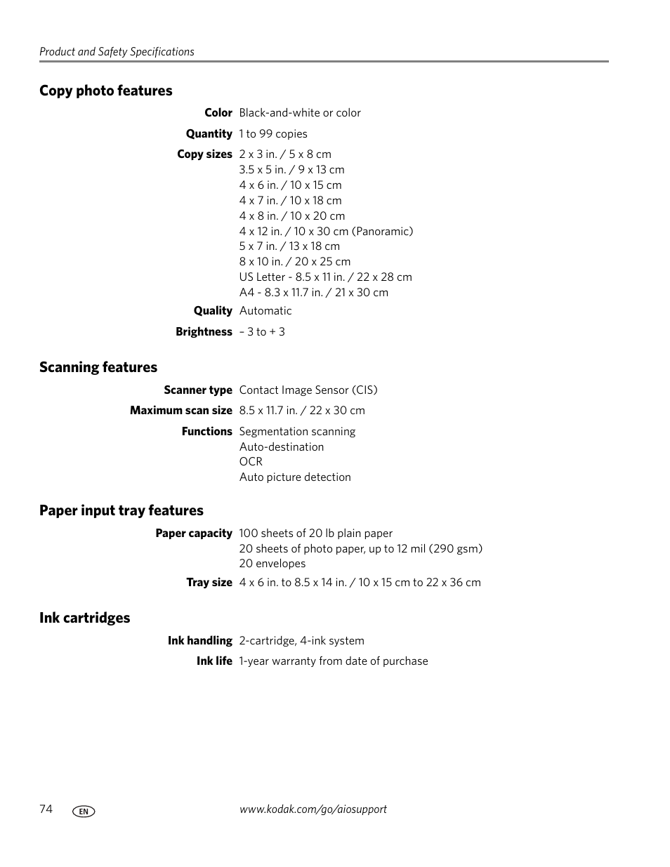 Copy photo features, Scanning features, Paper input tray features | Ink cartridges | Kodak ESP C310 User Manual | Page 80 / 94