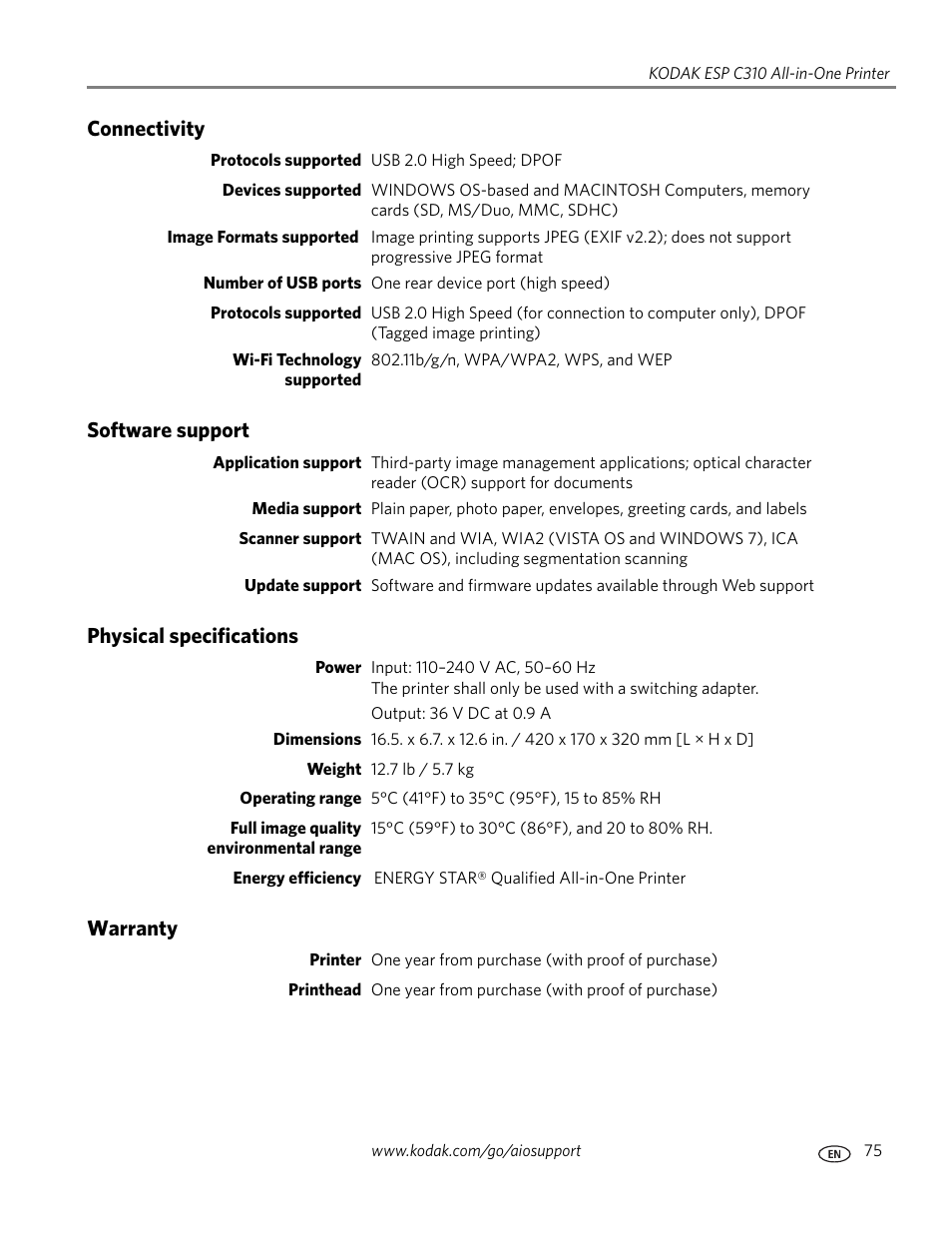 Connectivity, Software support, Physical specifications | Warranty | Kodak ESP C310 User Manual | Page 81 / 94