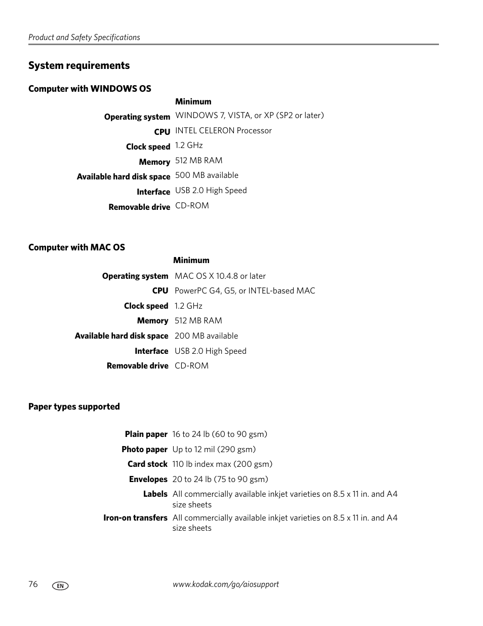 System requirements, Computer with windows os, Computer with mac os | Paper types supported | Kodak ESP C310 User Manual | Page 82 / 94