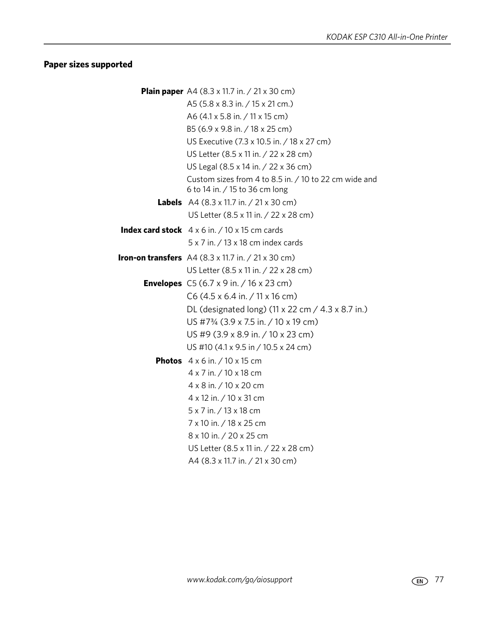 Paper sizes supported | Kodak ESP C310 User Manual | Page 83 / 94