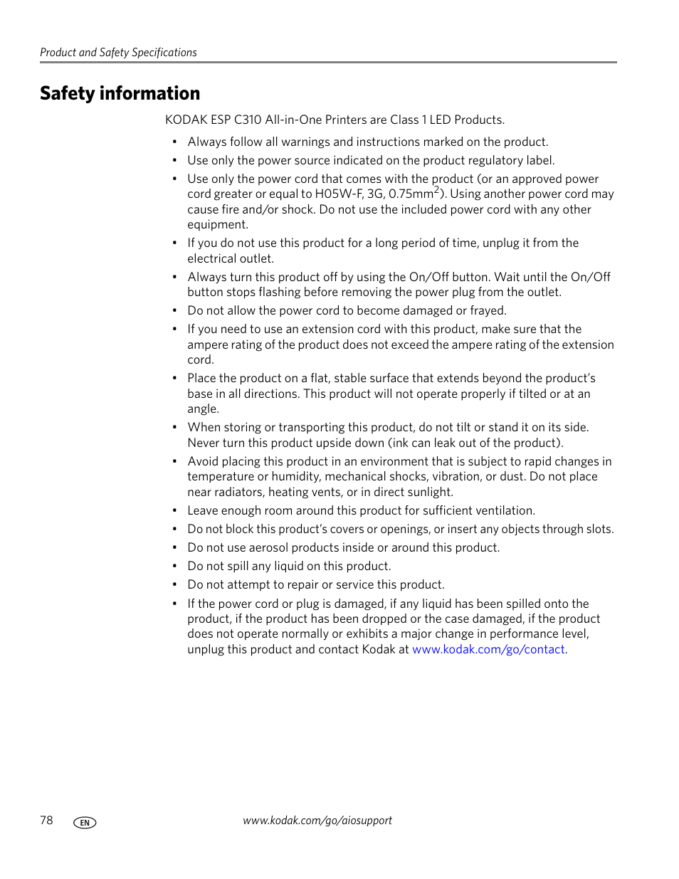 Safety information | Kodak ESP C310 User Manual | Page 84 / 94