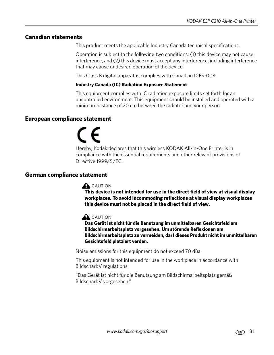 Canadian statements, European compliance statement, German compliance statement | Kodak ESP C310 User Manual | Page 87 / 94