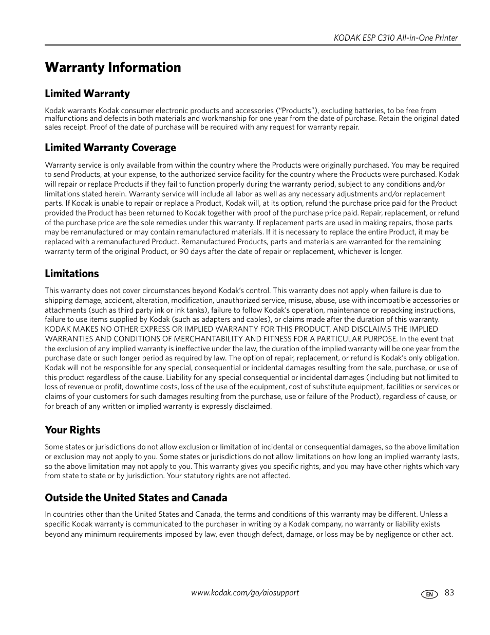 Warranty information | Kodak ESP C310 User Manual | Page 89 / 94