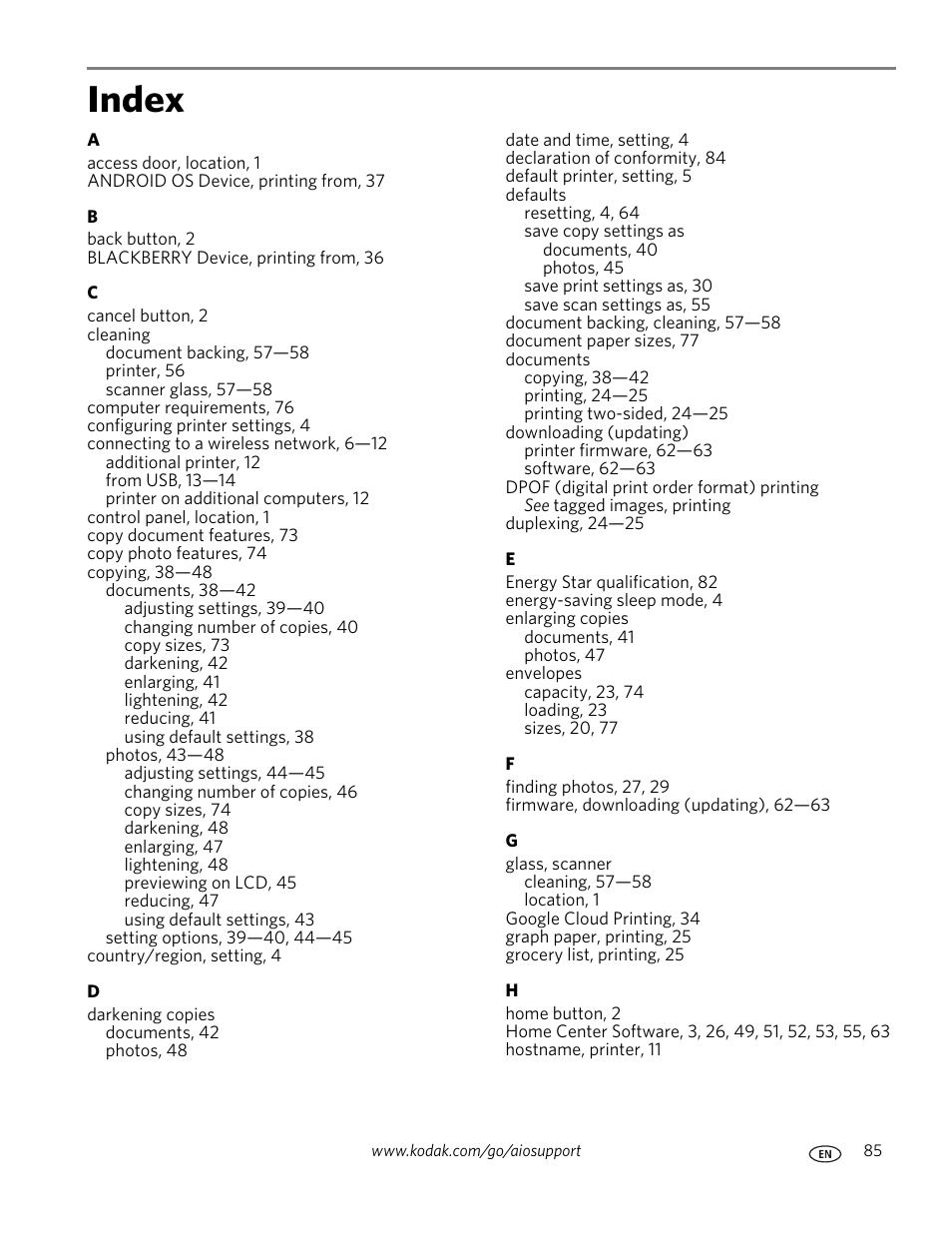 Index | Kodak ESP C310 User Manual | Page 91 / 94