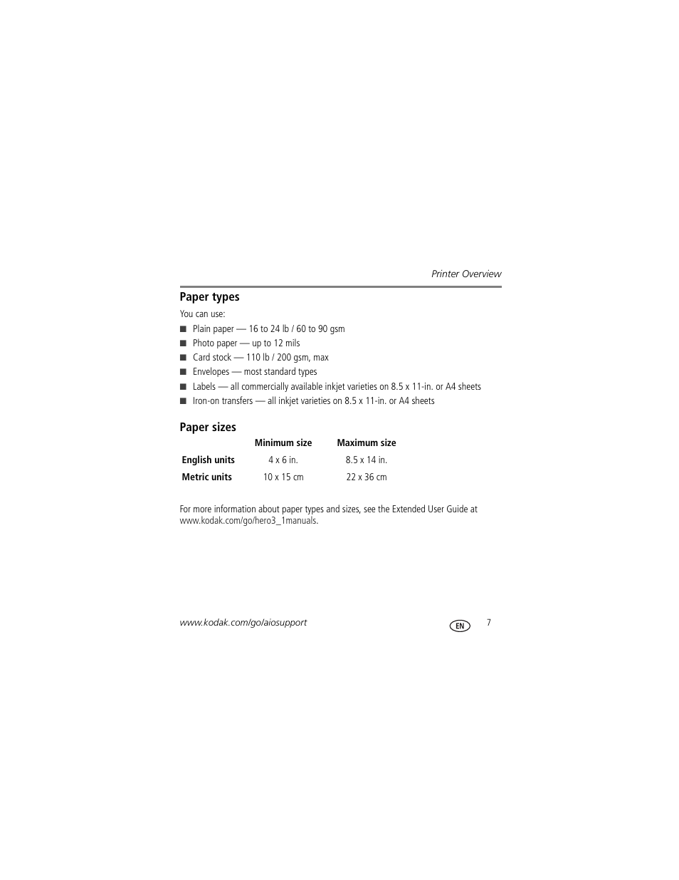 Paper types, Paper sizes, Paper types paper sizes | Kodak HERO 3.1 User Manual | Page 13 / 34