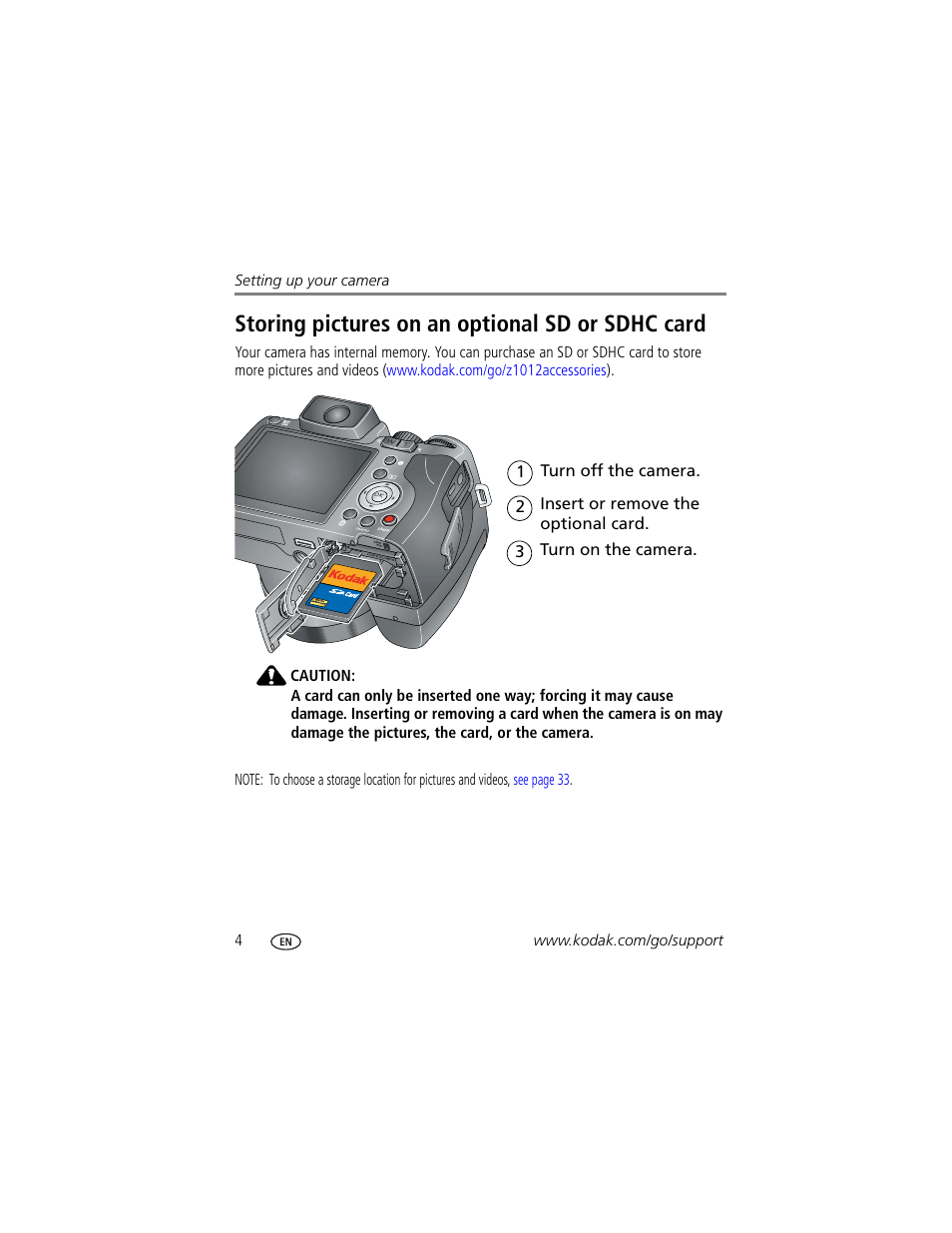 Storing pictures on an optional sd or sdhc card | Kodak Z1012 IS User Manual | Page 10 / 74