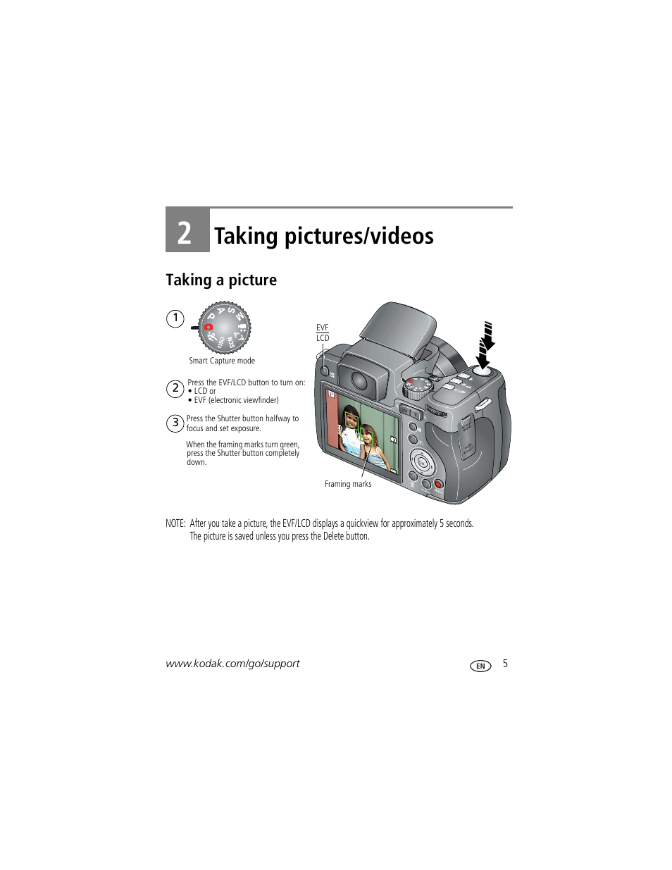 Taking pictures/videos, Taking a picture, 2 taking pictures/videos | Kodak Z1012 IS User Manual | Page 11 / 74