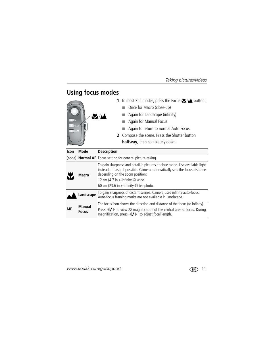 Using focus modes | Kodak Z1012 IS User Manual | Page 17 / 74