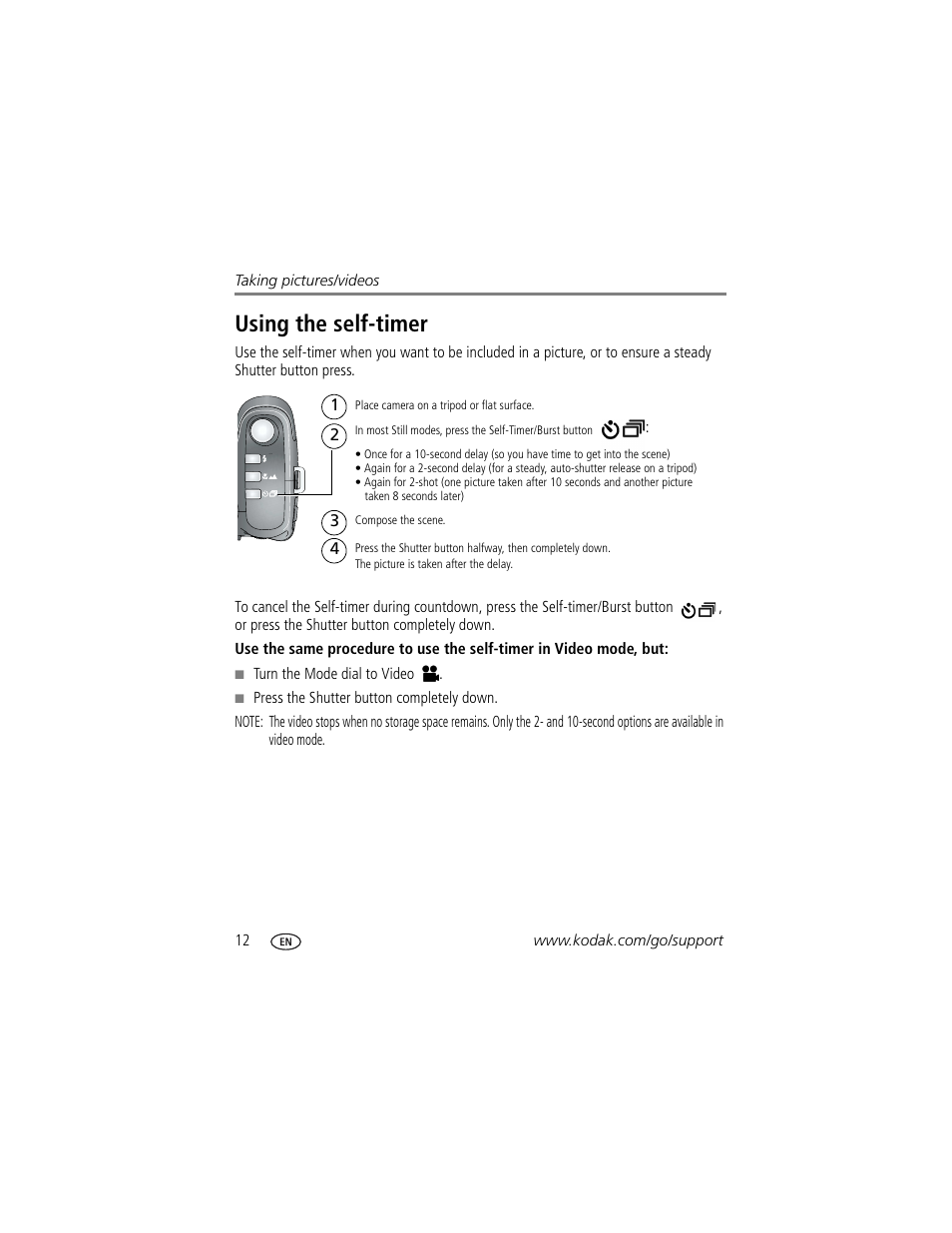 Using the self-timer | Kodak Z1012 IS User Manual | Page 18 / 74