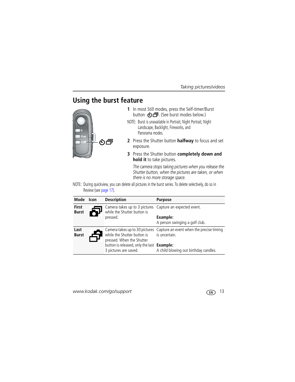 Using the burst feature | Kodak Z1012 IS User Manual | Page 19 / 74