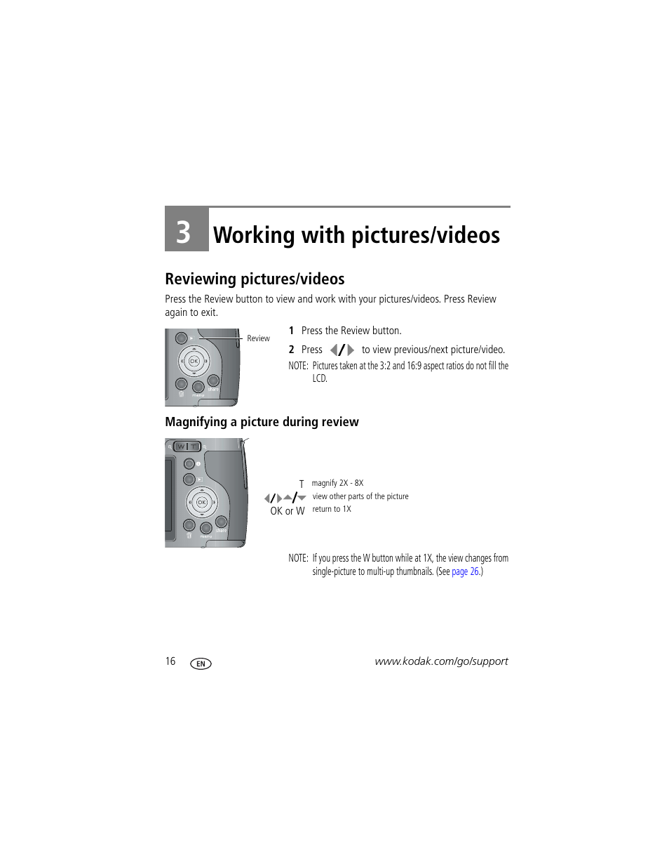 Working with pictures/videos, Reviewing pictures/videos, Magnifying a picture during review | 3 working with pictures/videos | Kodak Z1012 IS User Manual | Page 22 / 74