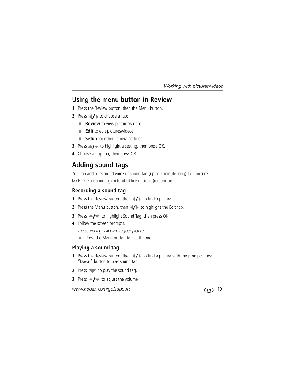 Adding sound tags, Recording a sound tag, Playing a sound tag | Using the menu button in review adding sound tags, Using the menu button in review | Kodak Z1012 IS User Manual | Page 25 / 74