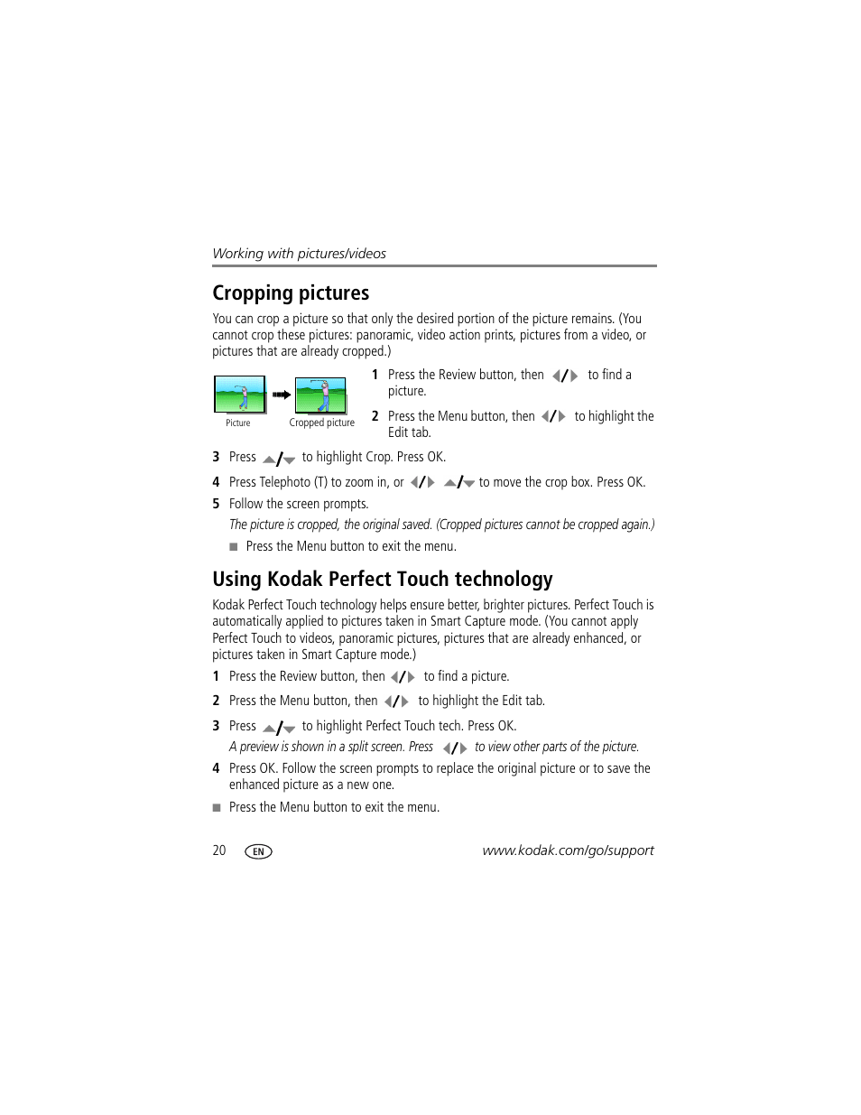 Using kodak perfect touch technology, Cropping pictures | Kodak Z1012 IS User Manual | Page 26 / 74