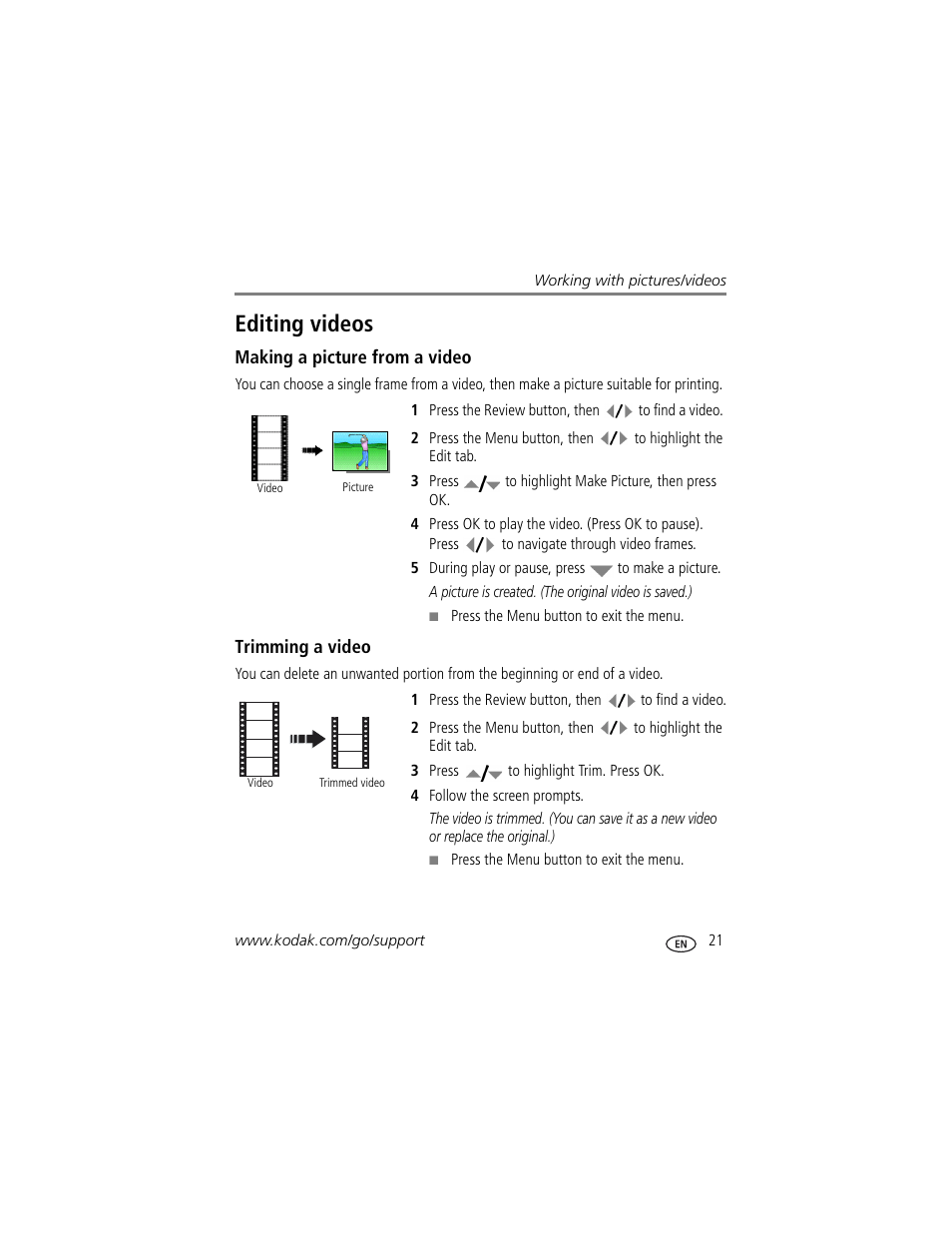 Making a picture from a video, Trimming a video, Editing videos | Kodak Z1012 IS User Manual | Page 27 / 74