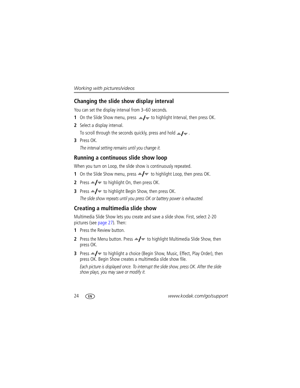 Changing the slide show display interval, Running a continuous slide show loop, Creating a multimedia slide show | Kodak Z1012 IS User Manual | Page 30 / 74