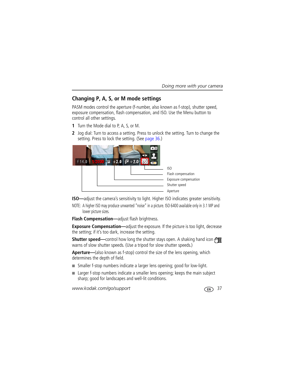 Changing p, a, s, or m mode settings | Kodak Z1012 IS User Manual | Page 43 / 74
