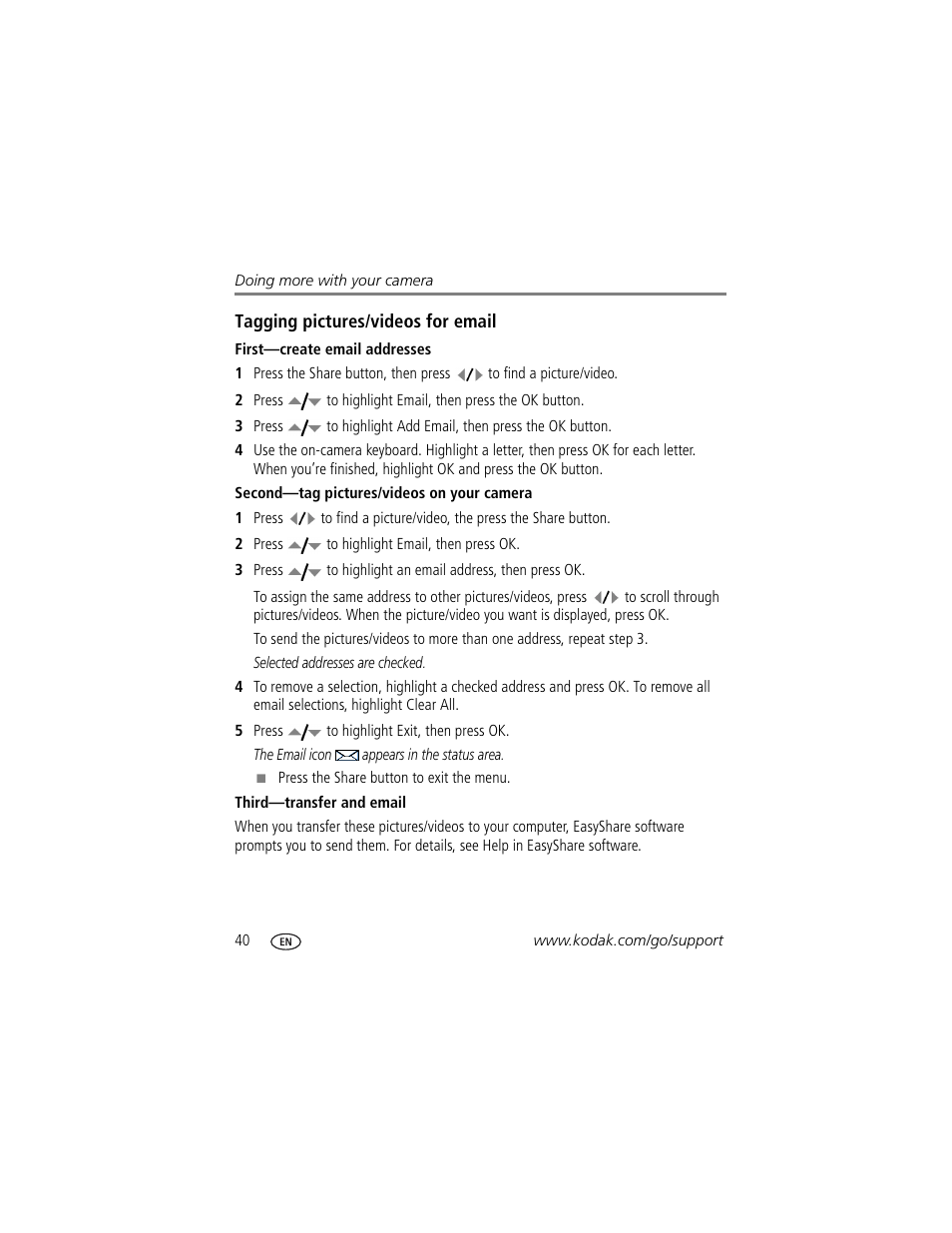 First-create email addresses, Second-tag pictures/videos on your camera, Third-transfer and email | Kodak Z1012 IS User Manual | Page 46 / 74