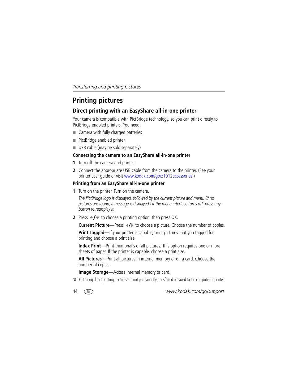 Printing from an easyshare all-in-one printer, Printing pictures | Kodak Z1012 IS User Manual | Page 50 / 74