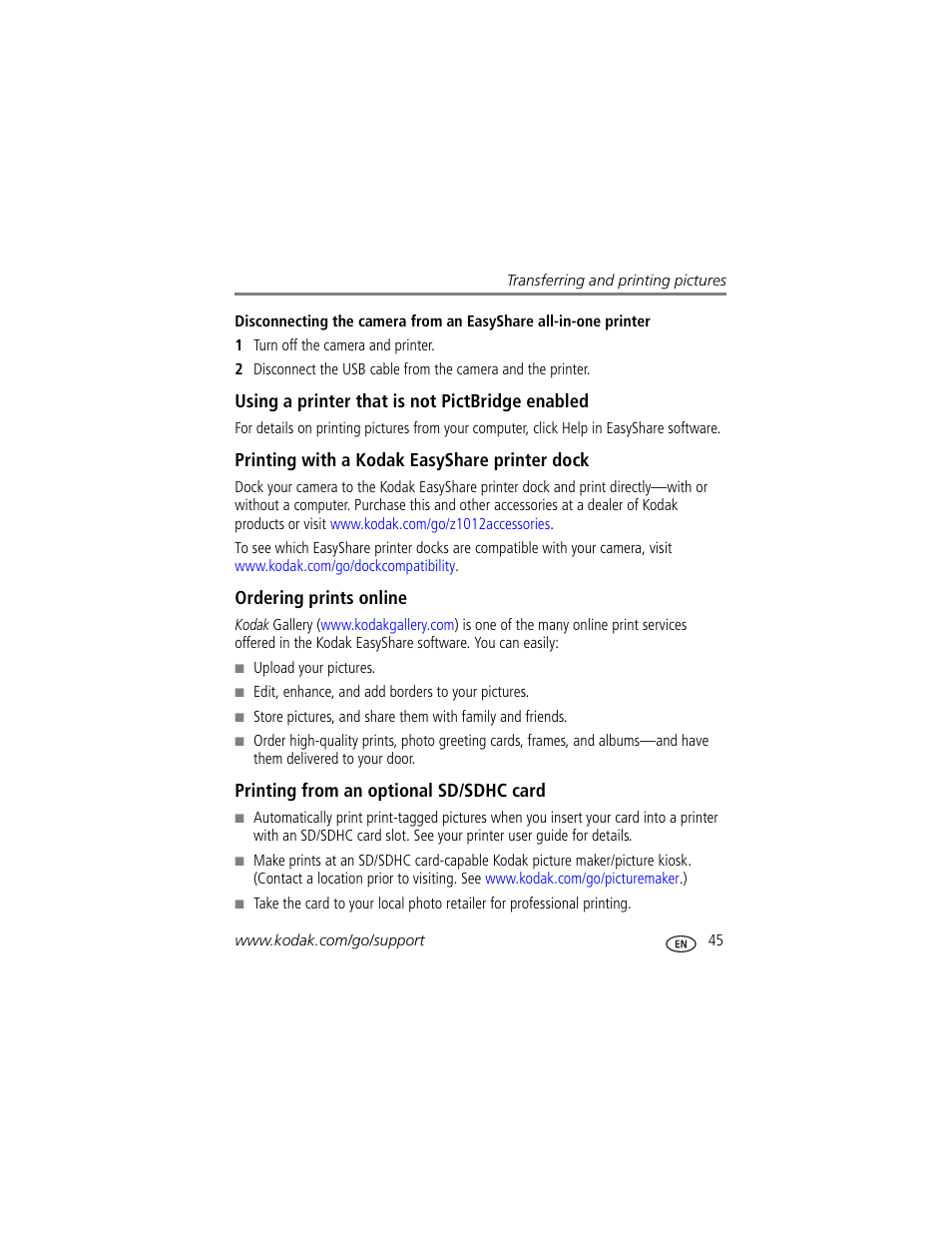 Using a printer that is not pictbridge enabled, Printing with a kodak easyshare printer dock, Ordering prints online | Printing from an optional sd/sdhc card | Kodak Z1012 IS User Manual | Page 51 / 74