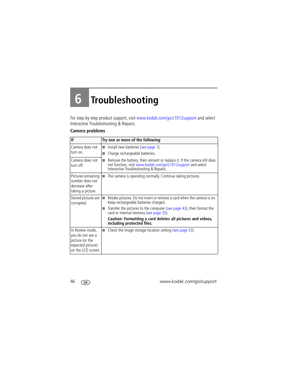 Troubleshooting, 6 troubleshooting | Kodak Z1012 IS User Manual | Page 52 / 74