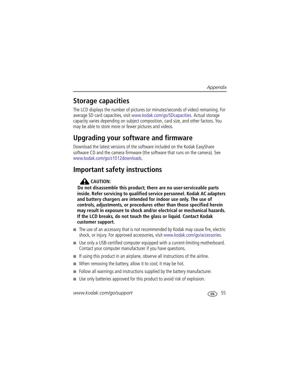 Upgrading your software and firmware, Important safety instructions, Storage capacities | Kodak Z1012 IS User Manual | Page 61 / 74