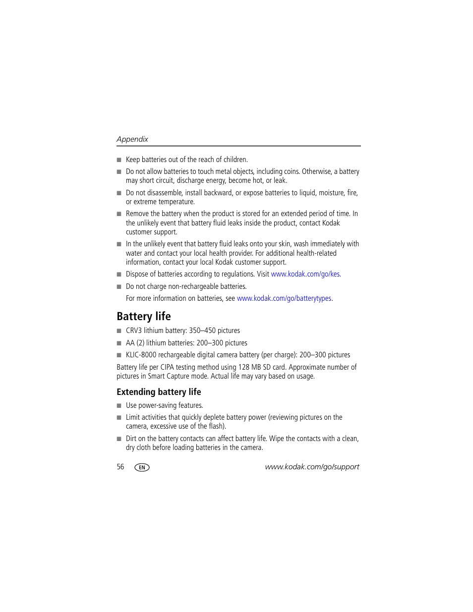 Battery life, Extending battery life | Kodak Z1012 IS User Manual | Page 62 / 74