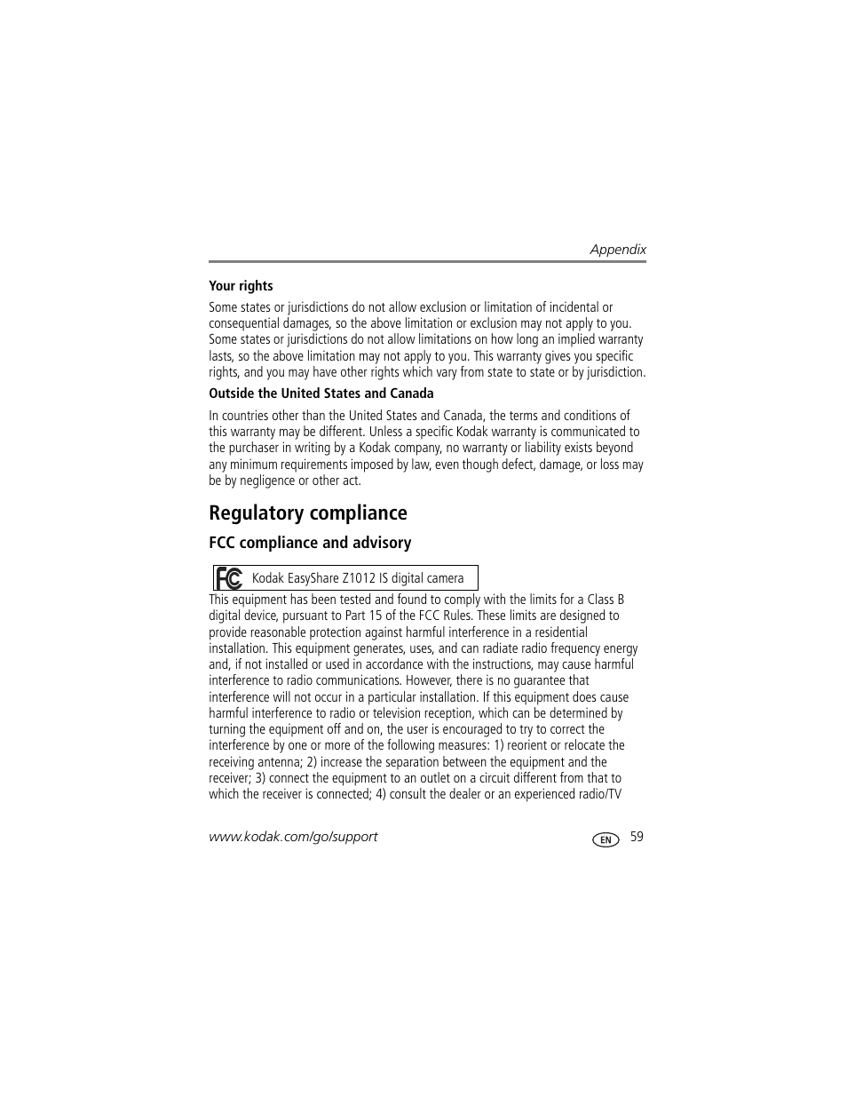 Regulatory compliance, Fcc compliance and advisory | Kodak Z1012 IS User Manual | Page 65 / 74
