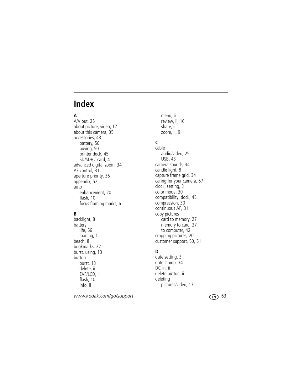 Index | Kodak Z1012 IS User Manual | Page 69 / 74