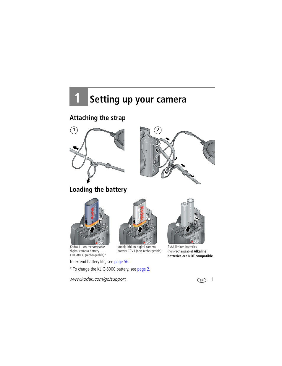 Setting up your camera, Attaching the strap, Loading the battery | 1 setting up your camera, Attaching the strap loading the battery | Kodak Z1012 IS User Manual | Page 7 / 74