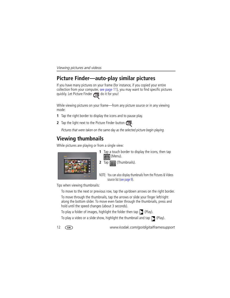 Picture finder—auto-play similar pictures, Viewing thumbnails | Kodak S730 User Manual | Page 14 / 31