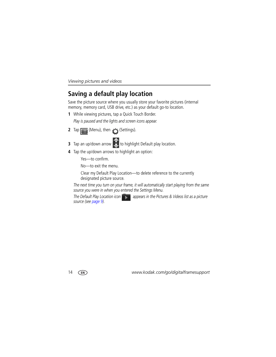 Saving a default play location | Kodak S730 User Manual | Page 16 / 31