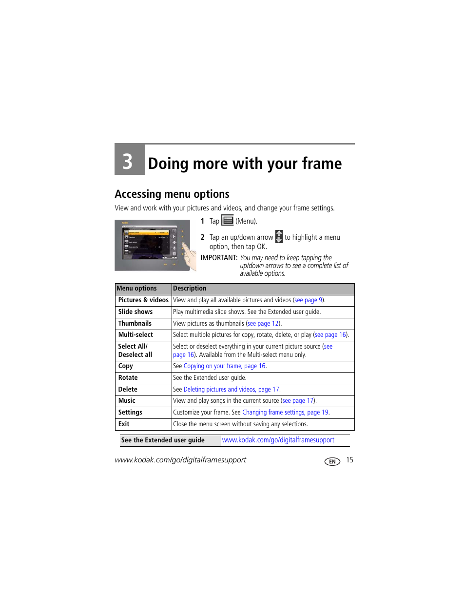 Doing more with your frame, Accessing menu options | Kodak S730 User Manual | Page 17 / 31