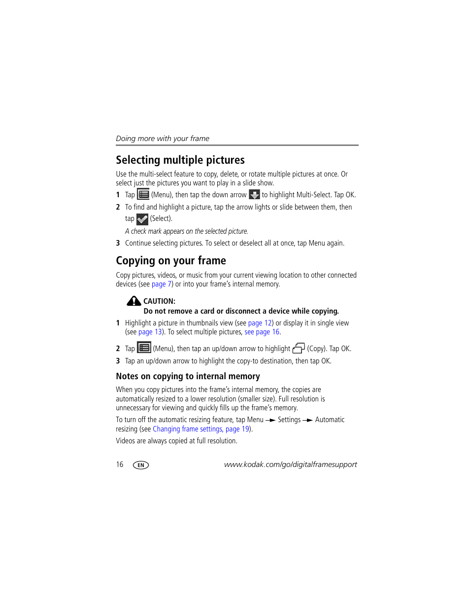 Selecting multiple pictures, Copying on your frame, Notes on copying to internal memory | Kodak S730 User Manual | Page 18 / 31