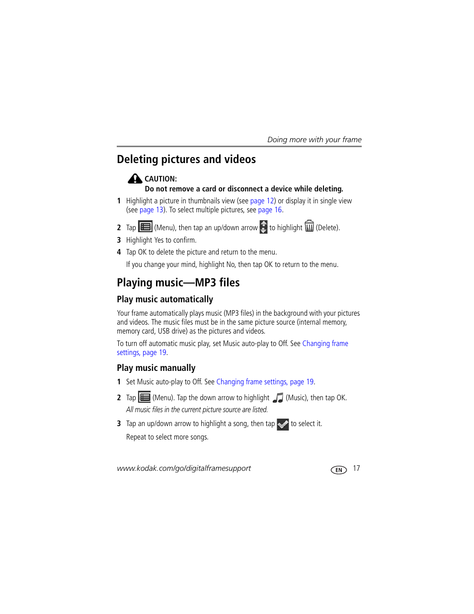 Deleting pictures and videos, Playing music—mp3 files, Play music automatically | Play music manually | Kodak S730 User Manual | Page 19 / 31